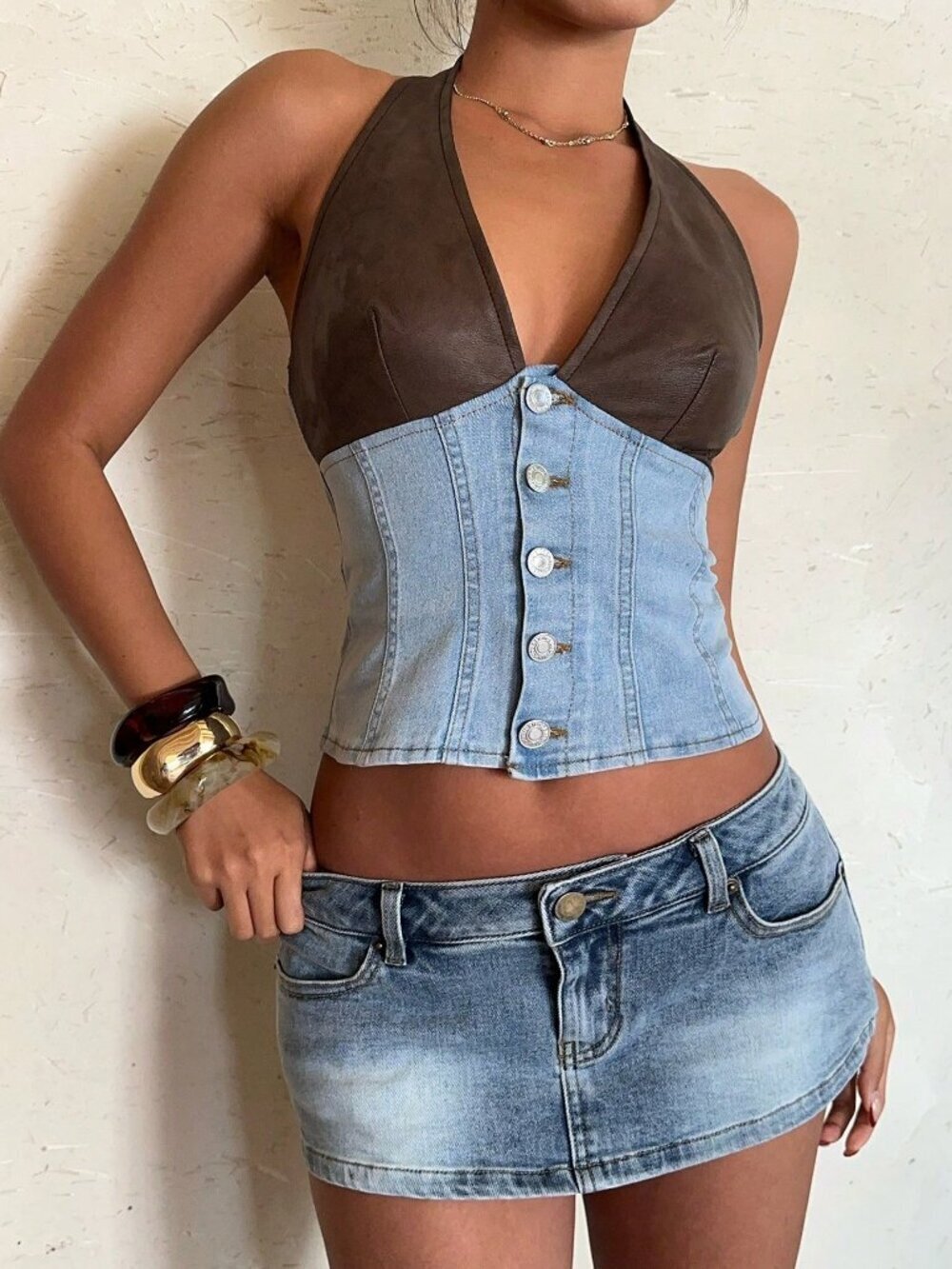 Blue Sexy Women's Backless Halter Patchwork Denim Blouse - Picture 4 of 5